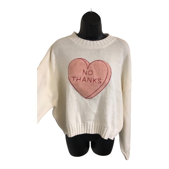 Jessica Simpson cream pink tufted embroidered heart No Thanks sweater size M - Picture 3 of 12